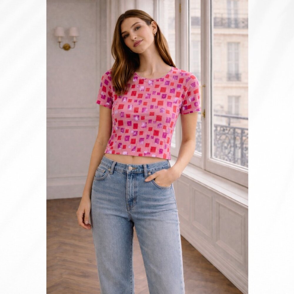 🌻 VINTAGE Y2K STYLE Pink Patchwork Top XS Crop Top